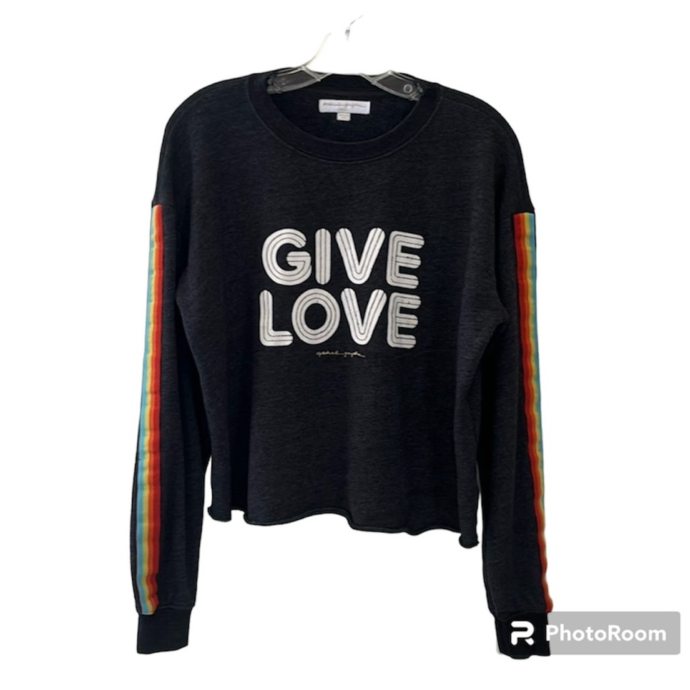 Spiritual Gangster Dark Gray Sweatshirt Top With Striped Sleeves & Give Love…